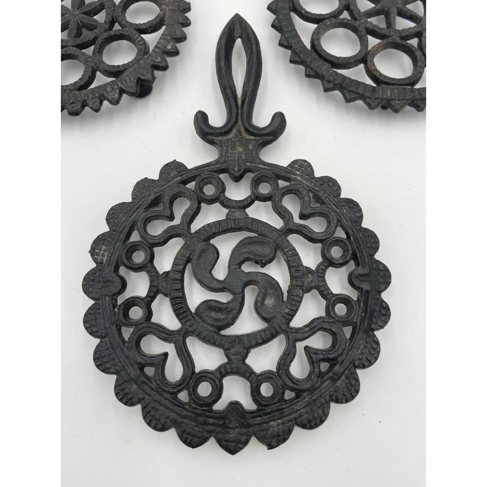 Vintage MCM  Set of 3 Black Cast Iron Trivets Wall Hangings Round Stars